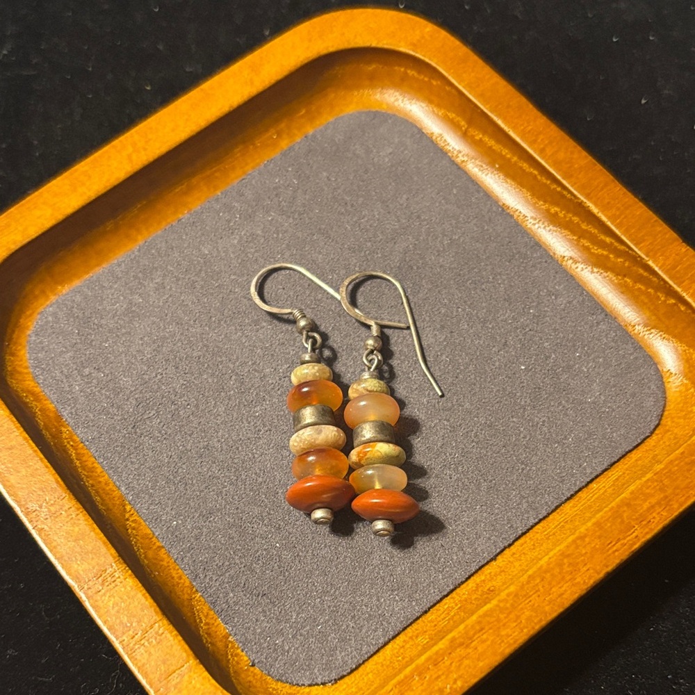 Orange Agate Stack Drop‎ Earrings Multi Stone Dangle Earrings With Silver Beads
